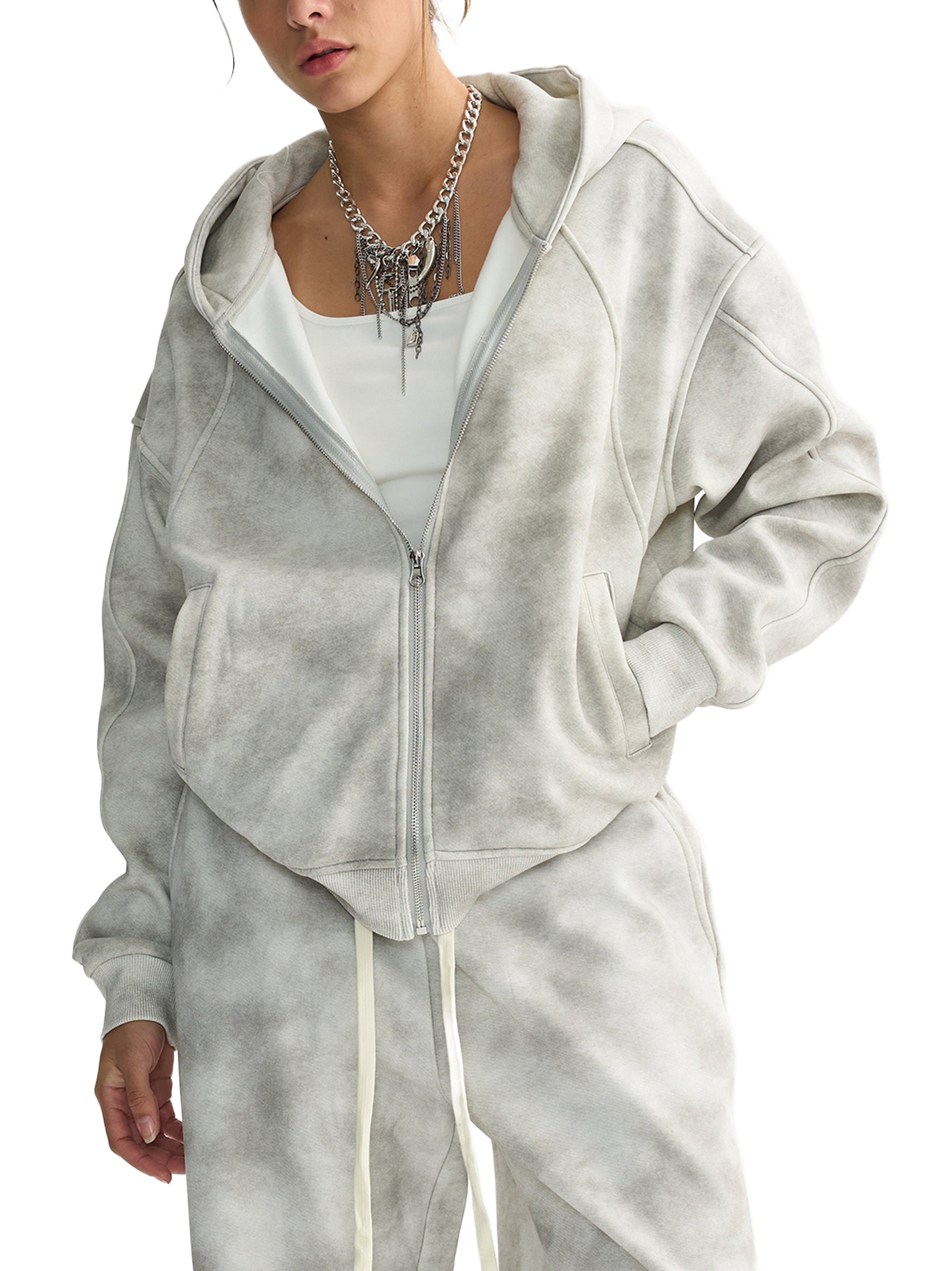 FAITH Dirty Washed Boxy Zip-up Fleece Hoodie